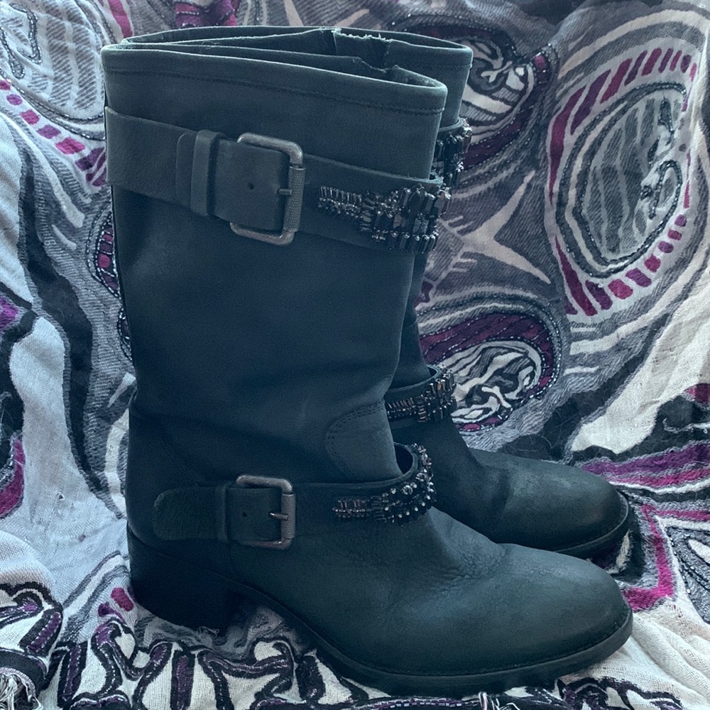 VERA WANG Uma Black Jeweled Moto/Biker Mid Calf  Boot